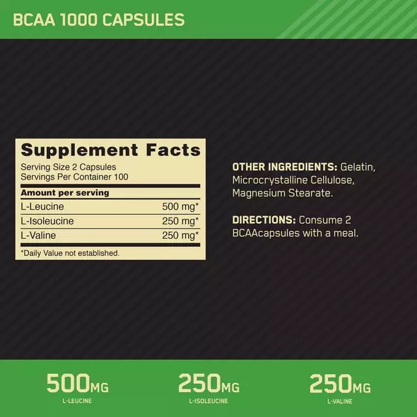 Optimum Nutrition BCAA 1000 200 Capsules (100 Servings) Bcaa 1000 | 52741XLMS