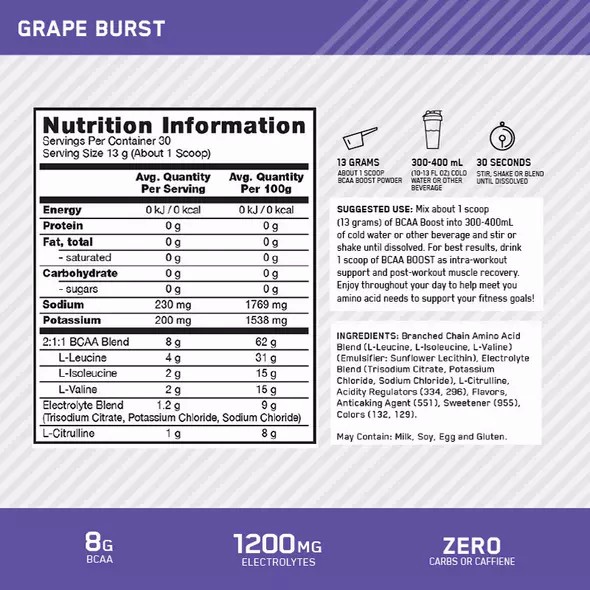 Optimum Nutrition BCAA Boost Grape 30 Serves Boost Bcaa's | 87601PNIX