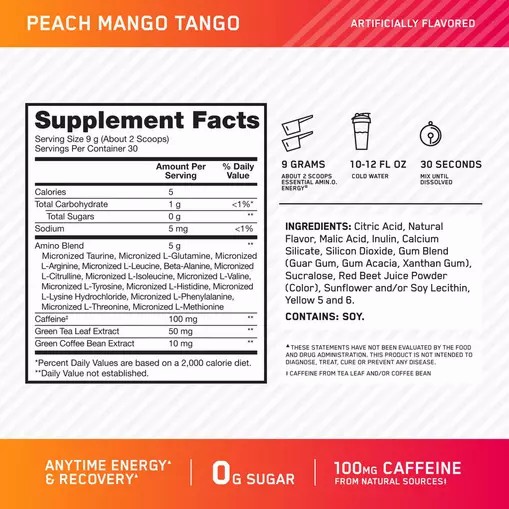 Optimum Nutrition ESSENTIAL AMIN.O. ENERGY® *new* Peach Mango Tango - Notify Me 0.6 lb - Notify me Amino Energy Powder | 70124CQPU