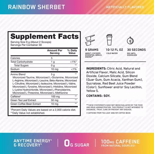 Optimum Nutrition ESSENTIAL AMIN.O. ENERGY® *new* Rainbow Sherbet - Notify Me 0.6 lb - Notify me Amino Energy Powder | 75083HDKZ