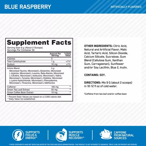 Optimum Nutrition ESSENTIAL AMIN.O. ENERGY® Blue Raspberry 0.6 lb (30 Servings) Amino Energy Powder | 35704NGIF