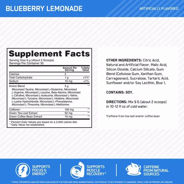 Optimum Nutrition ESSENTIAL AMIN.O. ENERGY® Blueberry Lemonade 0.6 lb (30 Servings) Amino Energy Powder | 34567NKLE