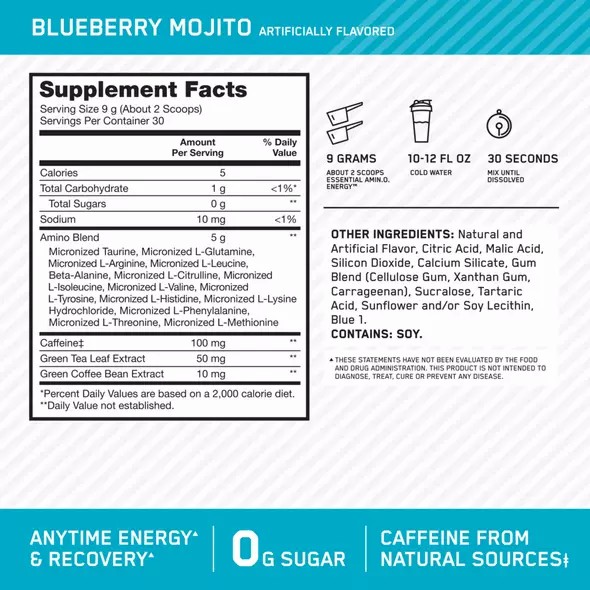 Optimum Nutrition ESSENTIAL AMIN.O. ENERGY® Blueberry Mojito 0.6 lb (30 Servings) Amino Energy Powder | 27936RYXM