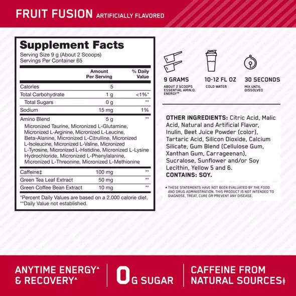 Optimum Nutrition ESSENTIAL AMIN.O. ENERGY® Fruit Fusion 0.6 lb (30 Servings) Amino Energy Powder | 87264HYLB