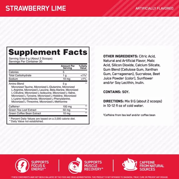 Optimum Nutrition ESSENTIAL AMIN.O. ENERGY® Strawberry Lime 0.6 lb (30 Servings) Amino Energy Powder | 39764QTXZ