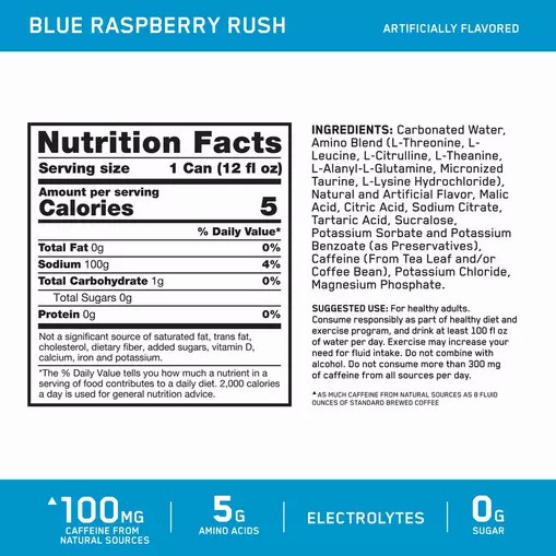 Optimum Nutrition ESSENTIAL AMIN.O. ENERGY+ Electrolytes Sparkling *new* Blue Raspberry Rush 355ml * 12 Cans (12 Servings) Amino Energy Drink | 63580DXWL