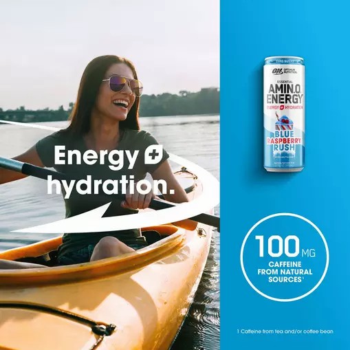 Optimum Nutrition ESSENTIAL AMIN.O. ENERGY+ Electrolytes Sparkling *new* Blue Raspberry Rush 355ml * 12 Cans (12 Servings) Amino Energy Drink | 63580DXWL
