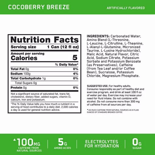 Optimum Nutrition ESSENTIAL AMIN.O. ENERGY+ Electrolytes Sparkling *new* Cocoberry Breeze 355ml * 12 Cans (12 Servings) Amino Energy Drink | 30176GXDA