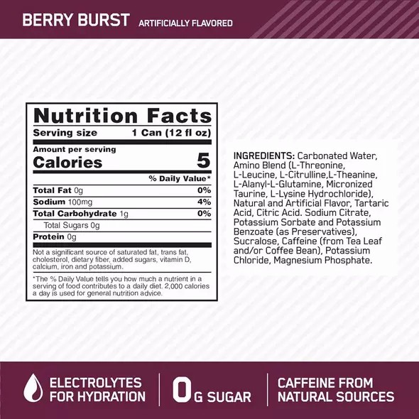 Optimum Nutrition ESSENTIAL AMIN.O. ENERGY+ Electrolytes Sparkling Berry Burst 355ml * 12 Cans (12 Servings) Amino Energy Drink | 36089SEZU
