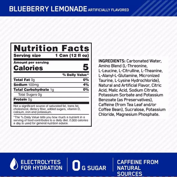 Optimum Nutrition ESSENTIAL AMIN.O. ENERGY+ Electrolytes Sparkling Blueberry Lemonade 355ml * 12 Cans (12 Servings) Amino Energy Drink | 23915TYNC