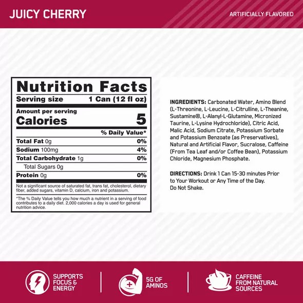 Optimum Nutrition ESSENTIAL AMIN.O. ENERGY+ Electrolytes Sparkling Juicy Cherry 355ml * 12 Cans (12 Servings) Amino Energy Drink | 24867WMSB
