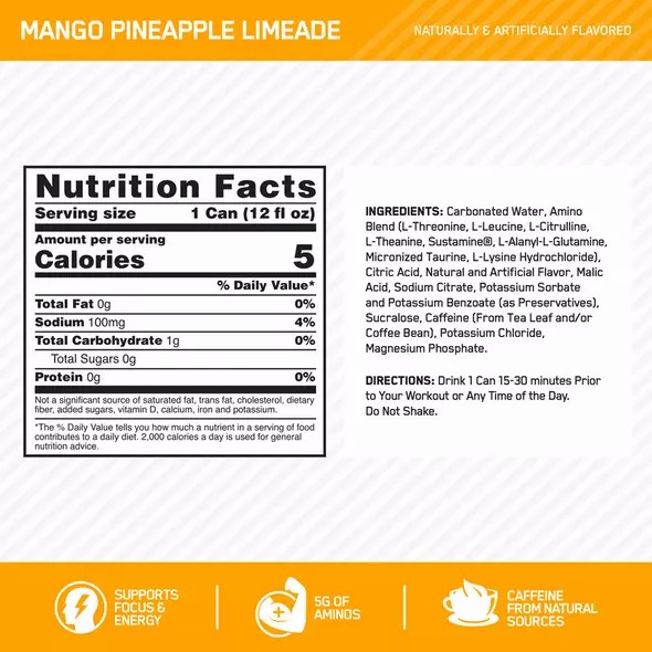 Optimum Nutrition ESSENTIAL AMIN.O. ENERGY+ Electrolytes Sparkling Mango Pineapple Lime 355ml * 12 Cans (12 Servings) Amino Energy Drink | 16024PWUM