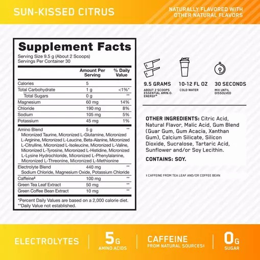 Optimum Nutrition Essential AMIN.O. ENERGY + Electrolytes *new* Sun-kissed Citrus 0.63 lb (30 Servings) Amino Energy Electrolytes | 63947GEBO
