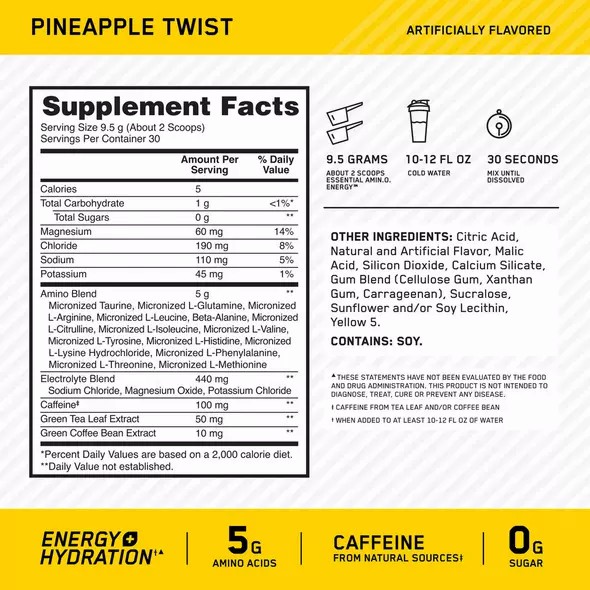 Optimum Nutrition Essential AMIN.O. ENERGY + Electrolytes Pineapple Twist 0.63 lb (30 Servings) Amino Energy Electrolytes | 80197TRSM