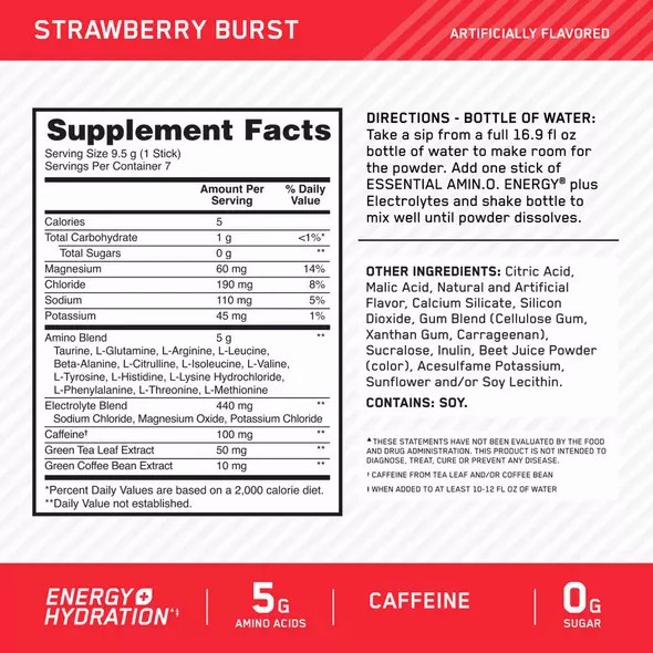Optimum Nutrition Essential AMIN.O. ENERGY + Electrolytes Strawberry Burst 0.63 lb (30 Servings) Amino Energy Electrolytes | 69417CPFA