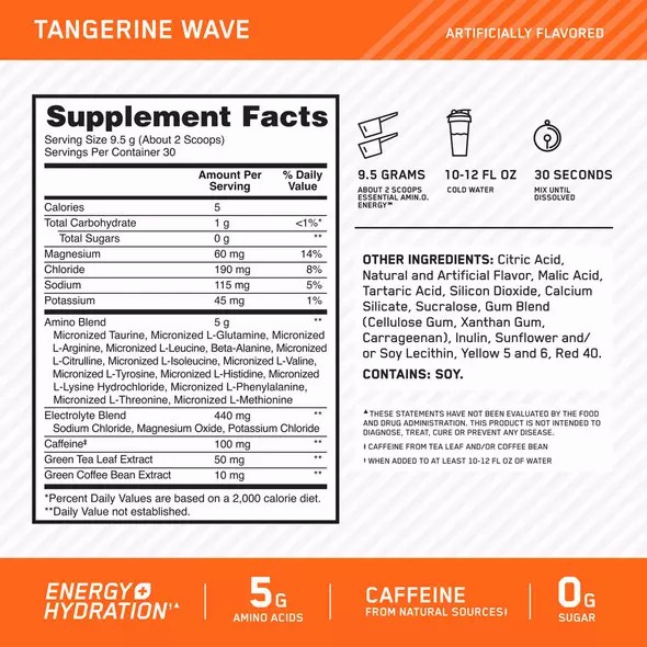 Optimum Nutrition Essential AMIN.O. ENERGY + Electrolytes Tangerine Wave 0.63 lb (30 Servings) Amino Energy Electrolytes | 13862SCHN