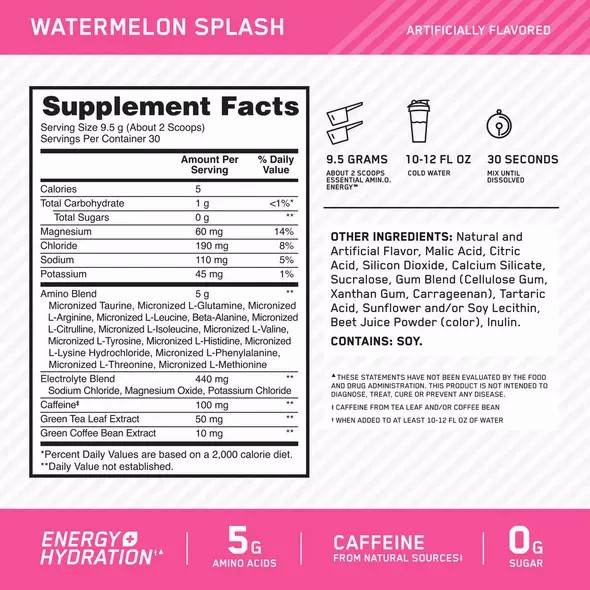 Optimum Nutrition Essential AMIN.O. ENERGY + Electrolytes Watermelon Splash 0.63 lb (30 Servings) Amino Energy Electrolytes | 97183SVHU