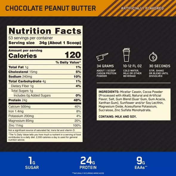 Optimum Nutrition GOLD STANDARD® 100% Casein Chocolate Peanut Butter 4 lb (53 Servings) Protein Powder | 64183PTBK