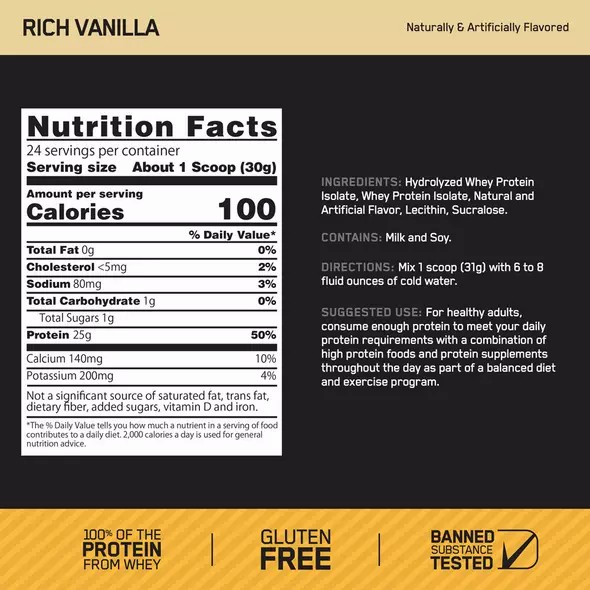 Optimum Nutrition GOLD STANDARD® 100% Isolate Rich Vanilla 2.91 lb (44 Servings) Protein Powder | 41826QIYA