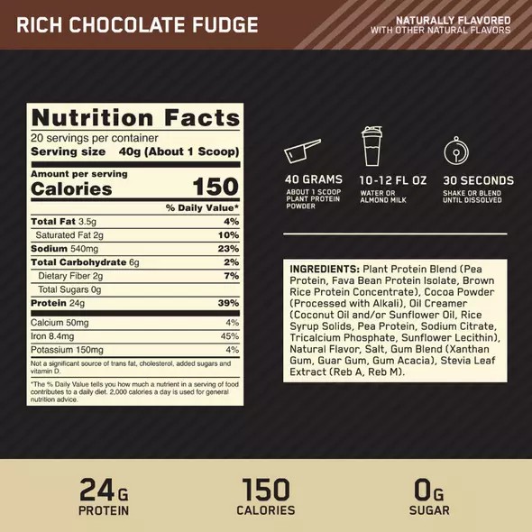 Optimum Nutrition GOLD STANDARD® 100% Plant Rich Chocolate Fudge 1.76 lb (20 Servings) Plant Protein | 98127EYVF