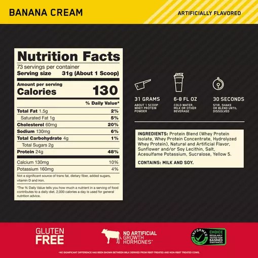 Optimum Nutrition GOLD STANDARD 100% WHEY™ Banana Cream 5 lb (73 Servings) Whey Protein Powder | 38956NKHM