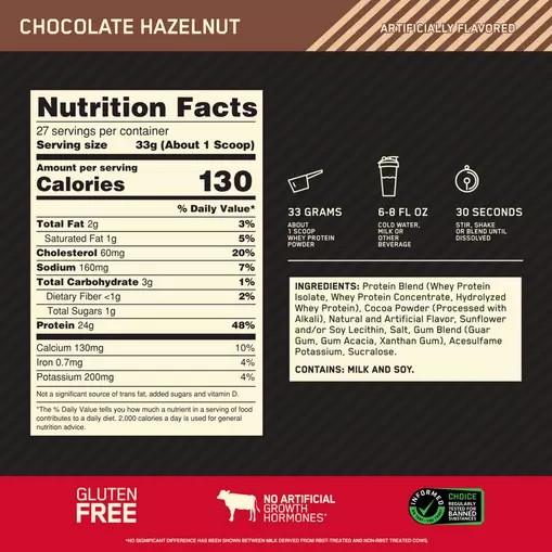 Optimum Nutrition GOLD STANDARD 100% WHEY™ Chocolate Hazelnut 2 lb (27 Servings) Whey Protein Powder | 52470MORS