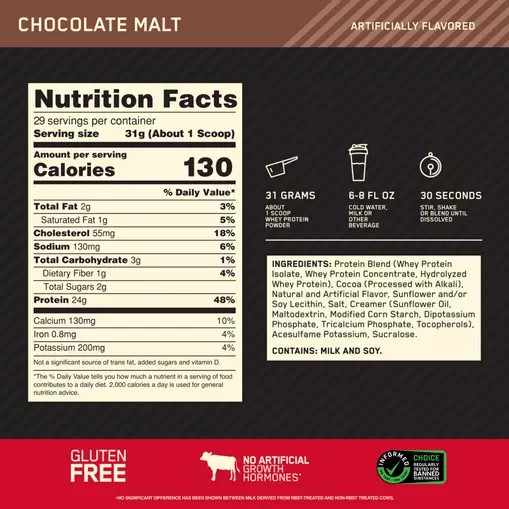 Optimum Nutrition GOLD STANDARD 100% WHEY™ Chocolate Malt 2 lb (29 Servings) Whey Protein Powder | 52691FGOV