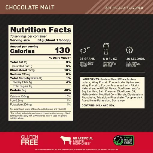 Optimum Nutrition GOLD STANDARD 100% WHEY™ Chocolate Malt 5 lb (73 Servings) Whey Protein Powder | 32175JUDV