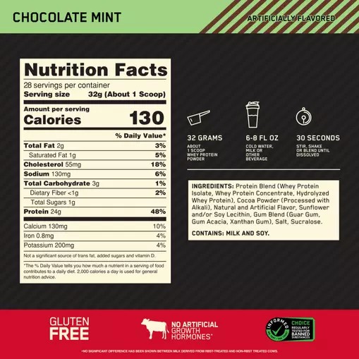 Optimum Nutrition GOLD STANDARD 100% WHEY™ Chocolate Mint 2 lb (28 Servings) Whey Protein Powder | 30764QLGW