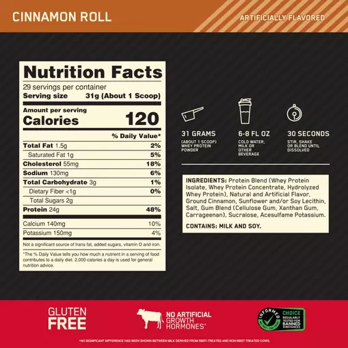 Optimum Nutrition GOLD STANDARD 100% WHEY™ Cinnamon Roll 2 lb (29 Servings) Whey Protein Powder | 67058QDML