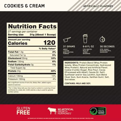 Optimum Nutrition GOLD STANDARD 100% WHEY™ Cookies & Cream 2 lb (27 Servings) Whey Protein Powder | 48152CHUX