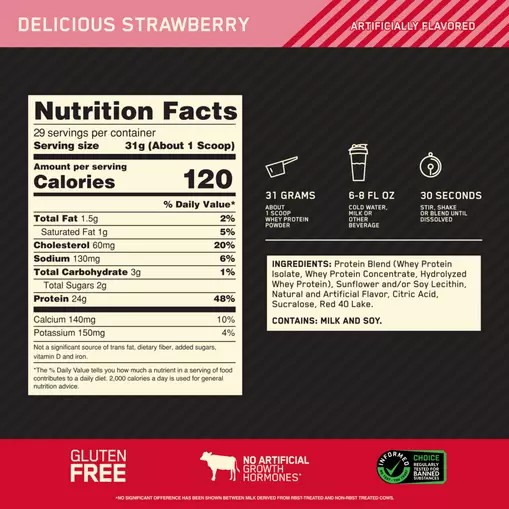 Optimum Nutrition GOLD STANDARD 100% WHEY™ Delicious Strawberry 2 lb (29 Servings) Whey Protein Powder | 74609BGYS
