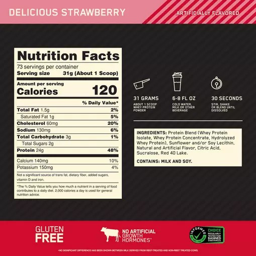 Optimum Nutrition GOLD STANDARD 100% WHEY™ Delicious Strawberry 5 lb (73 Servings) Whey Protein Powder | 48637KCUS