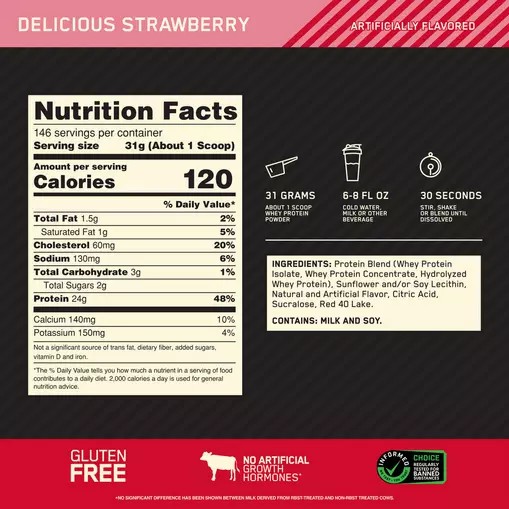 Optimum Nutrition GOLD STANDARD 100% WHEY™ Delicious Strawberry 10 lb (146 Servings) Whey Protein Powder | 79318KIPL