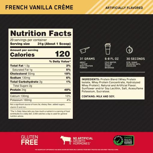 Optimum Nutrition GOLD STANDARD 100% WHEY™ French Vanilla Creme 2 lb (29 Servings) Whey Protein Powder | 57461HOEN
