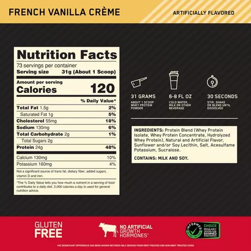 Optimum Nutrition GOLD STANDARD 100% WHEY™ French Vanilla Creme 5 lb (73 Servings) Whey Protein Powder | 61308JUIZ