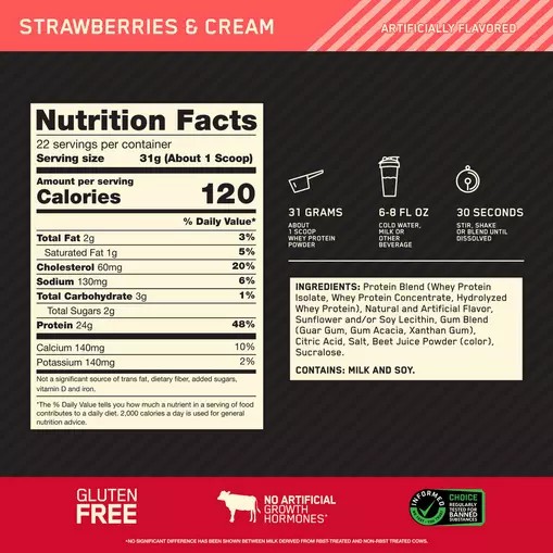Optimum Nutrition GOLD STANDARD 100% WHEY™ Strawberries & Cream 1.5 lb (22 Servings) Whey Protein Powder | 13065ADWT