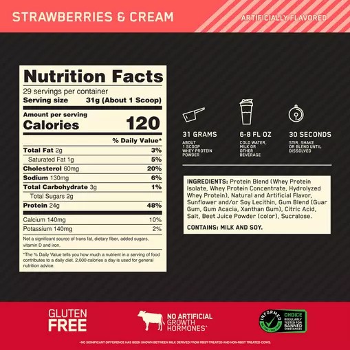 Optimum Nutrition GOLD STANDARD 100% WHEY™ Strawberries & Cream 2 lb (29 Servings) Whey Protein Powder | 67053TJZW