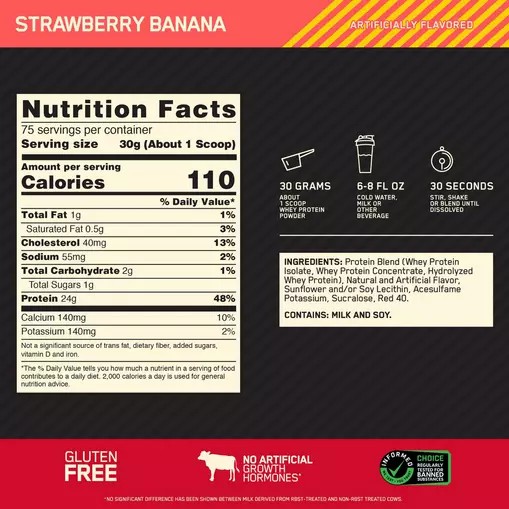 Optimum Nutrition GOLD STANDARD 100% WHEY™ Strawberry Banana 5 lb (75 Servings) Whey Protein Powder | 70283MOKV