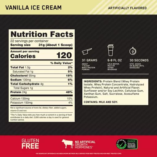 Optimum Nutrition GOLD STANDARD 100% WHEY™ Vanilla Ice Cream 1.5 lb (22 Servings) Whey Protein Powder | 53968TSFX