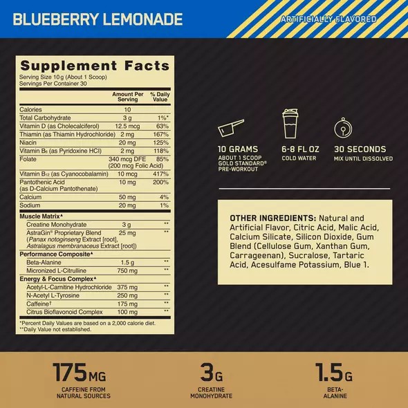 Optimum Nutrition GOLD STANDARD® Pre-Workout Blueberry Lemonade 0.66 lb (30 Servings) Gold Standard Pre Workout | 26145BMXS