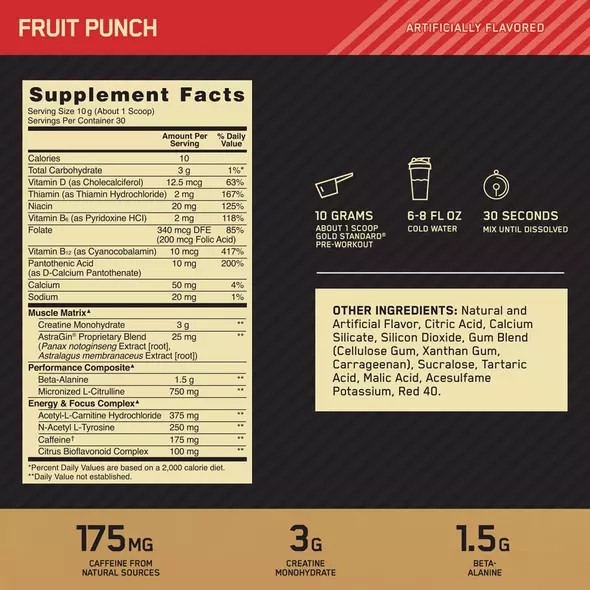 Optimum Nutrition GOLD STANDARD® Pre-Workout Fruit Punch 0.66 lb (30 Servings) Gold Standard Pre Workout | 52706KYHD