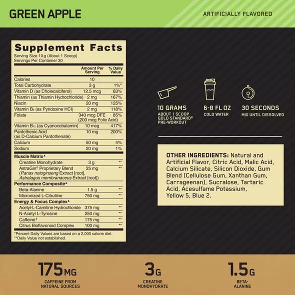 Optimum Nutrition GOLD STANDARD® Pre-Workout Green Apple 0.66 lb (30 Servings) Gold Standard Pre Workout | 20785OYMT