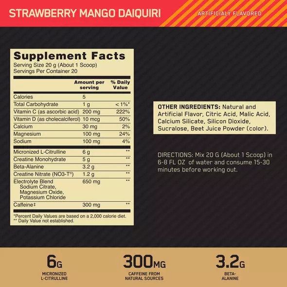 Optimum Nutrition GOLD STANDARD® Pre Advanced Strawberry Mango Daiquiri 0.88 lb (20 Servings) Gold Standard Pre Workout Advanced | 82907LCRO