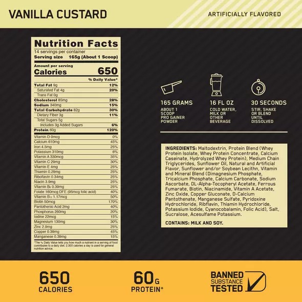 Optimum Nutrition GOLD STANDARD® Pro Gainer Vanilla Custard 10.19 lb (28 Servings) Gold Standard Pro Gainer | 35206HSLC