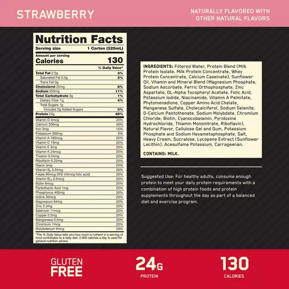 Optimum Nutrition GOLD STANDARD® Ready To Drink Protein Shake *new* Strawberry 12 Cartons (12 Servings) Protein Shake | 35109HNTJ