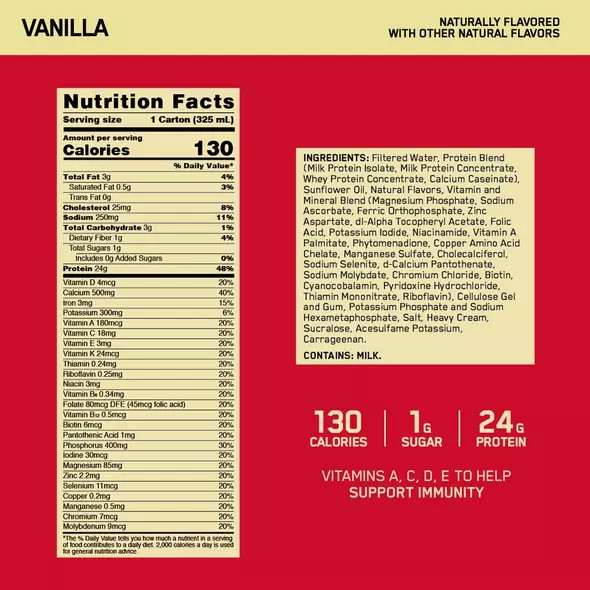 Optimum Nutrition GOLD STANDARD® Ready To Drink Protein Shake Vanilla 12 Cartons (12 Servings) Protein Shake | 01865KIAD