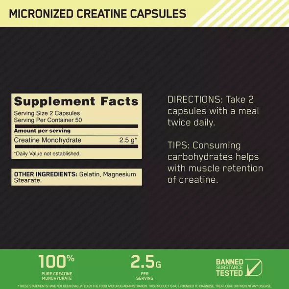 Optimum Nutrition Micronized Creatine Capsules 100 Capsules (50 Servings) Creatine Capsules | 08513XGKH