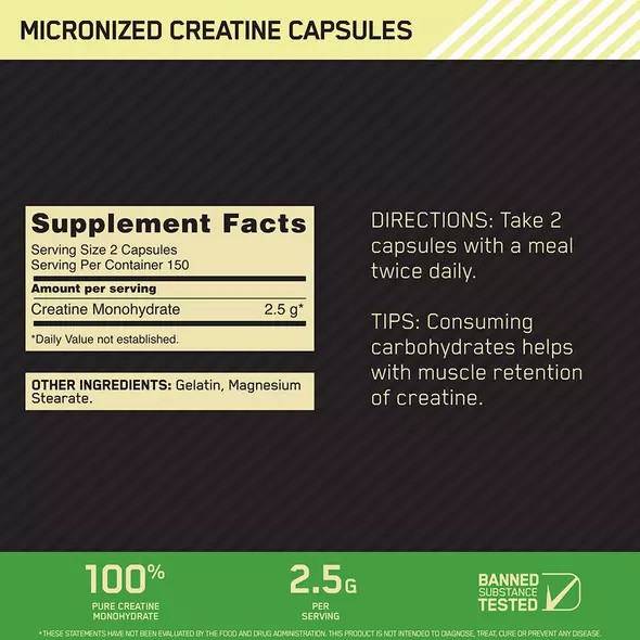 Optimum Nutrition Micronized Creatine Capsules 300 Capsules (150 Servings) Creatine Capsules | 18347LYSF