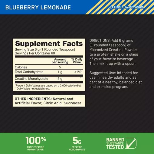 Optimum Nutrition Micronized Creatine Powder Blueberry Lemonade 0.79 lb (60 Servings) Creatine Powder | 03985YIRX